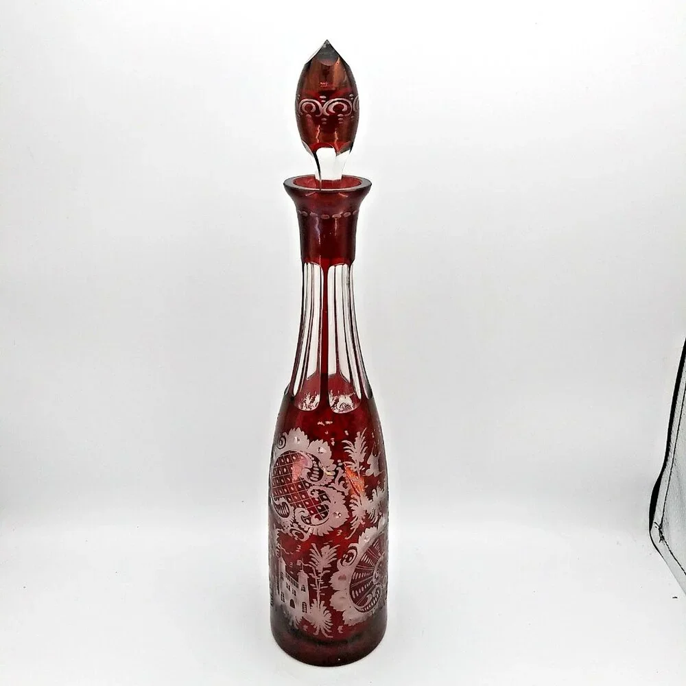 Czechoslovakia 15" Decanter Christmas Holiday Cranberry Red Crystal Cut to clear - Picture 1 of 10